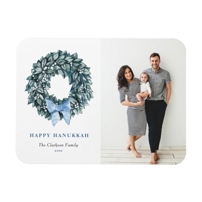 Watercolor White Berry Wreath Happy Hanukkah Foto Magnet (Horizontal)