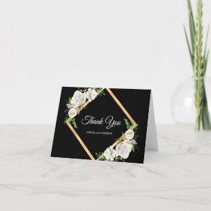 Watercolor White Black Gold Floral Wedding Vielen  Dankeskarte