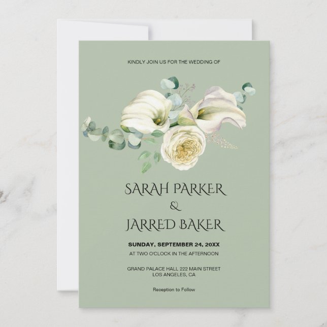 Watercolor White Calla Lilies Bouquet Wedding Einladung (Vorderseite)