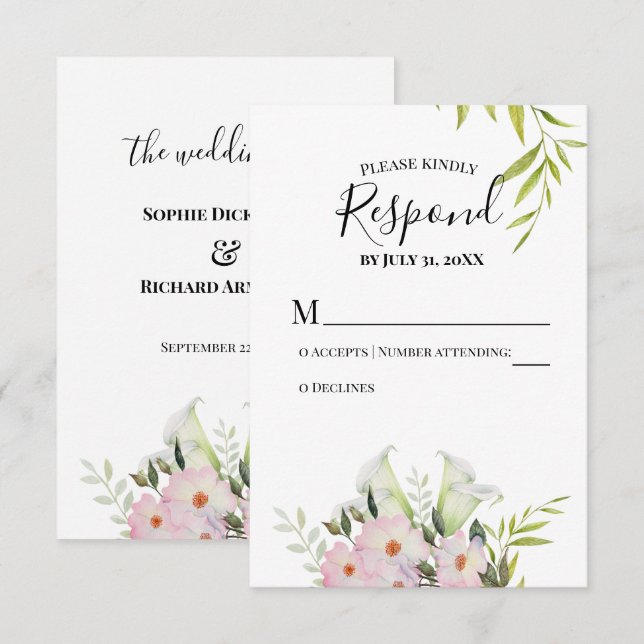 Watercolor White Calla Lilies Wedding RSVP Card Karte (Vorne/Hinten)
