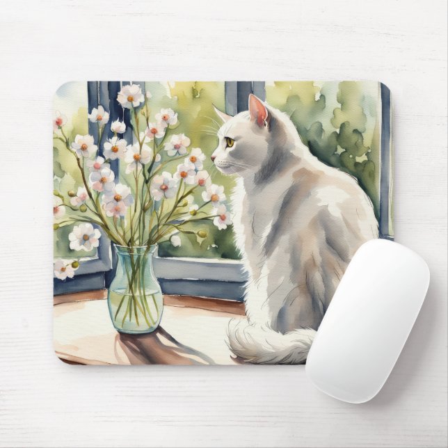 Watercolor White Cat and Daisies Mousepad (Mit Mouse)