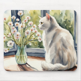 Watercolor White Cat and Daisies Mousepad