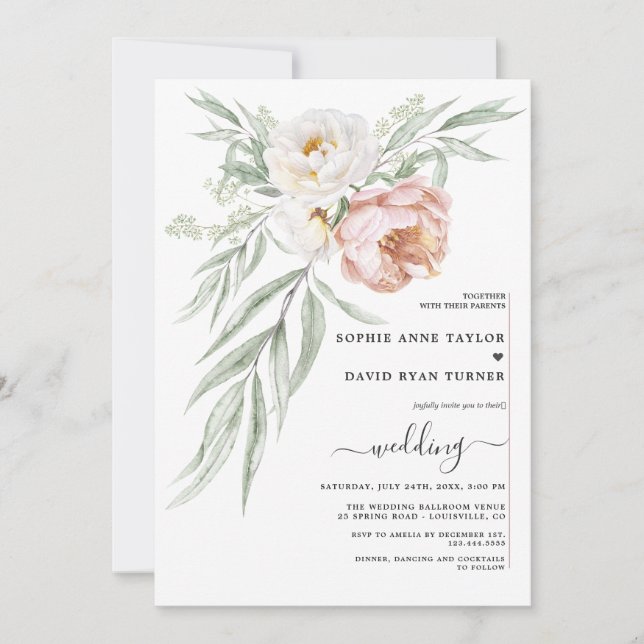 Watercolor White Dusty Rose Blume Hochzeit Einladung (Vorderseite)