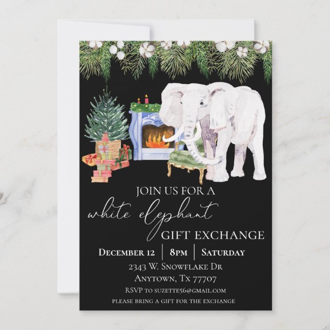 Watercolor White Elephant Gift Exchange Party Einladung (Vorderseite)