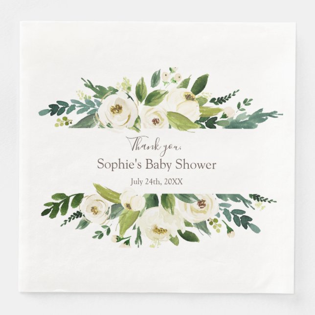 Watercolor White Floral Frame BABY DUSCHE Serviette (Vorderseite)