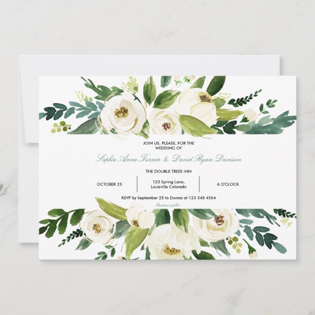 Watercolor White Floral Frame Wedding Einladung (Vorderseite)
