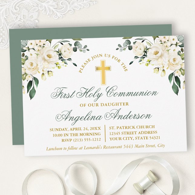 Watercolor White Floral Sage Green Gold Communion Einladung (Customize to change text color, size, style or to change color of back of card.)
