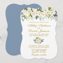 Watercolor White Floral Wedy Dusty Blue Gold