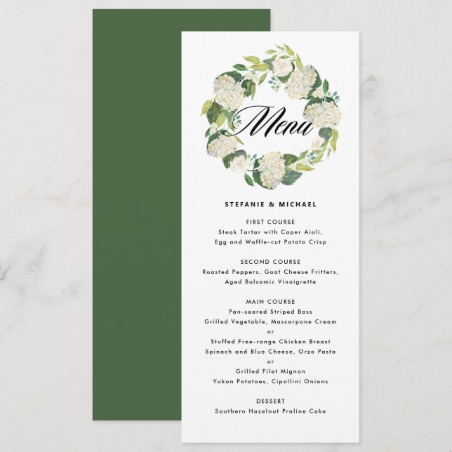 Watercolor White Hydrangea Blume Wreath Wedding Menükarte (Vorne/Hinten)