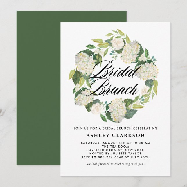 Watercolor White Hydrangea Wreath Bridal Brunch Einladung (Vorne/Hinten)