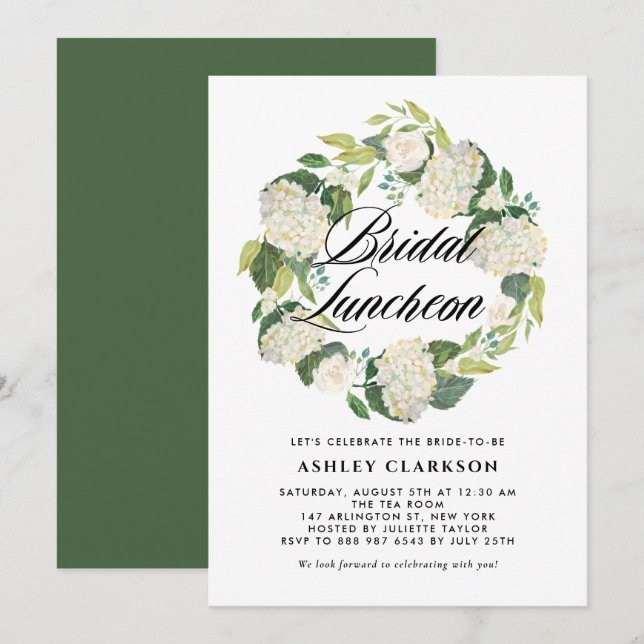 Watercolor White Hydrangea Wreath Bridal Luncheon Einladung (Vorne/Hinten)