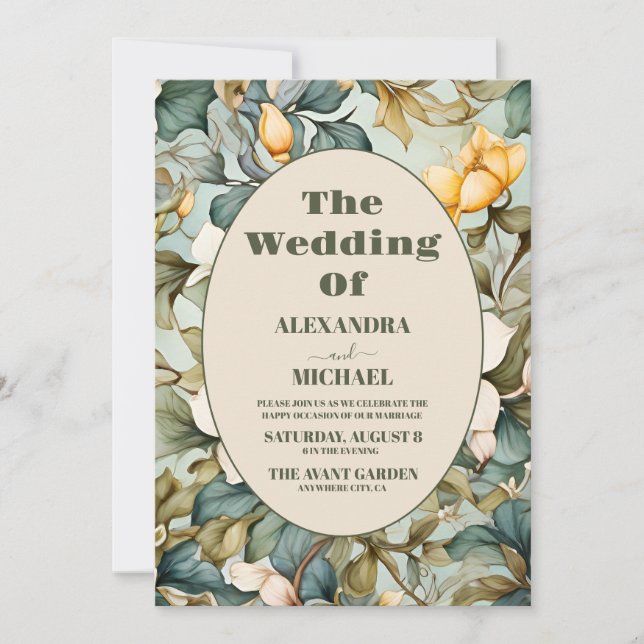 Watercolor White Lily Art Nouveau Hochzeit Einladung (Vorderseite)