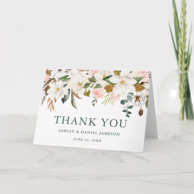 Watercolor White Magnolias Pink Roses Wedding Fold Dankeskarte (Vorderseite)