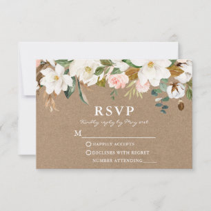 Watercolor White Magnolias Rose Wedding Kraft RSVP Karte