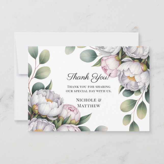 Watercolor White Peonies Wedding Dankeskarte (Vorderseite)