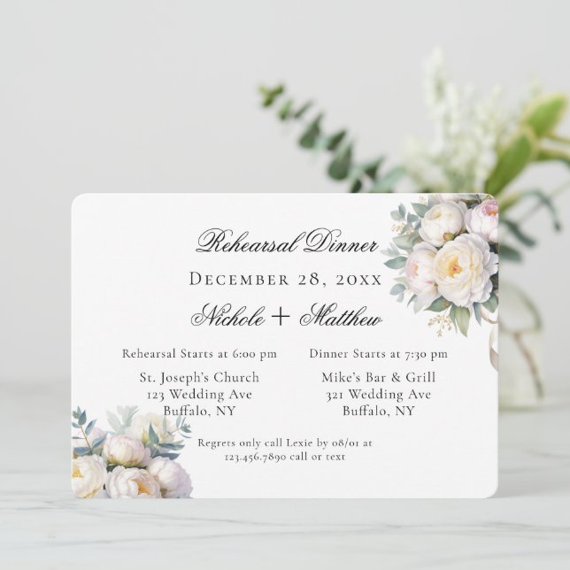 Watercolor White Peonies Wedding Rehearsal Dinner Einladung (Stehend Vorderseite)
