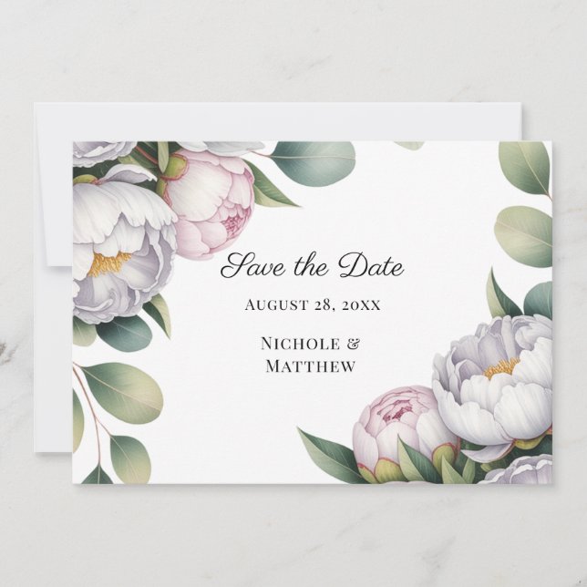Watercolor White Peonies Wedding Save The Date (Vorderseite)