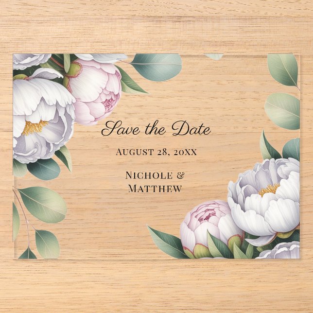 Watercolor White Peonies Wedding Save the Date Acryleinladungen (Vorderseite)