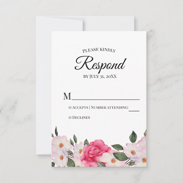 Watercolor White Pink Roses Wedding RSVP Reaktion (Vorderseite)
