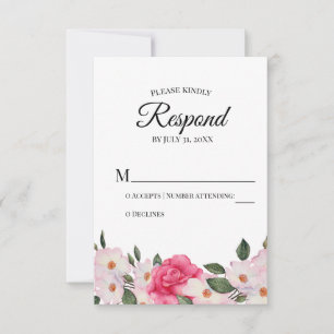 Watercolor White Pink Roses Wedding RSVP Reaktion Karte