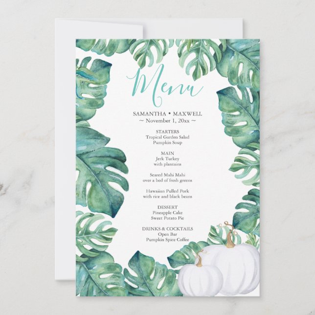 Watercolor White Pumpkin Tropical Menü Einladung (Vorderseite)