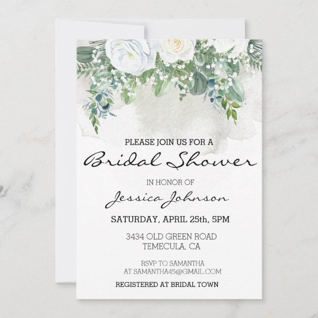 Watercolor White Rose Eucalyptus Floral Bouquet Einladung (Vorderseite)