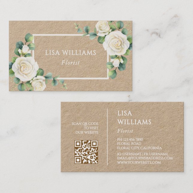 Watercolor  White Roses Greenery Rustic Visitenkarte (Vorne/Hinten)