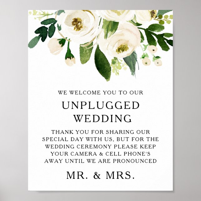 Watercolor White Roses Greenery Unplugged Wedding Poster (Vorne)