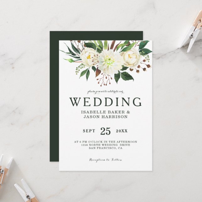 Watercolor White Roses Wedding Einladung (Vorderseite/Rückseite Beispiel)