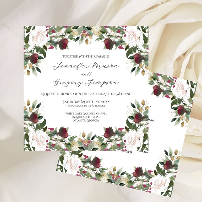 Watercolor White Roses with Cranberry Floral Einladung (Watercolor White Roses with Cranberry Floral Invitation)