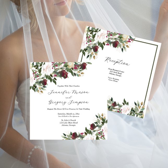 Watercolor White Roses With Cranberry Flowers Einladung (Watercolor White Roses With Cranberry Flowers Invitation)