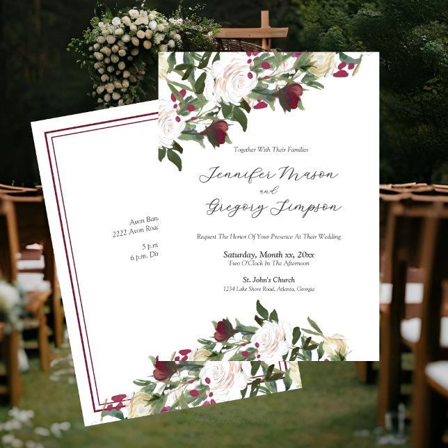 Watercolor White Roses with Cranberry Wedding Einladung (Watercolor White Roses With Cranberry Floral Wedding Invitation)