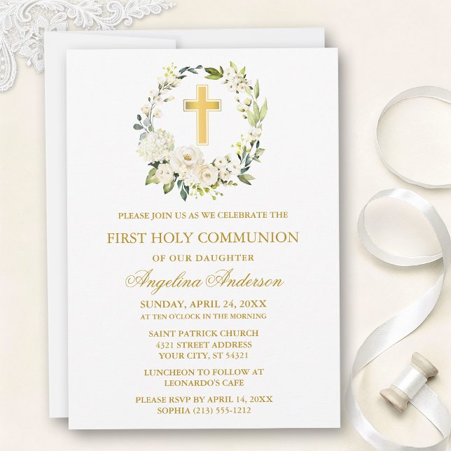 Watercolor White Roses Wreath Gold Communion Einladung (Customize to change text size, text style or color.)