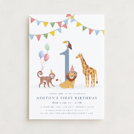 Watercolor Wild Animals First Birthday Einladung