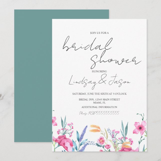 Watercolor Wild Blume Green Script Brautparty Einladung (Vorne/Hinten)