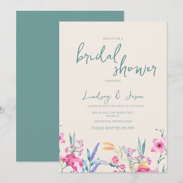 Watercolor Wild Blume Mix Script Brautparty Einladung (Vorne/Hinten)