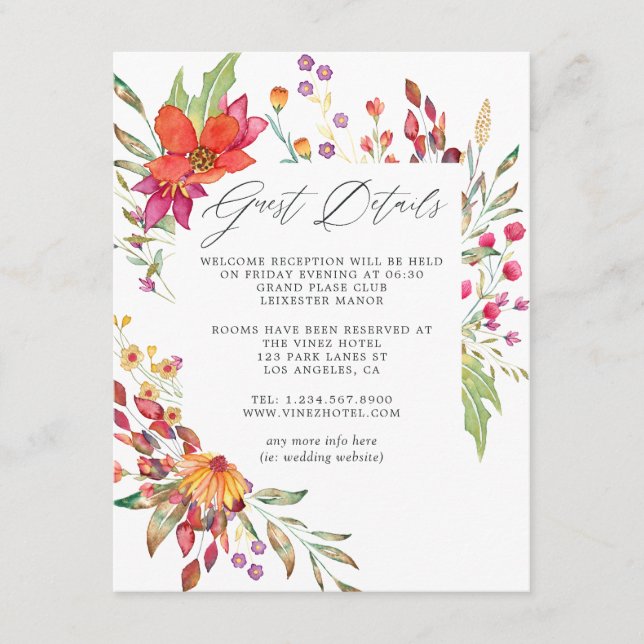 Watercolor Wild Blume Wedding Guest Details Begleitkarte (Vorderseite)