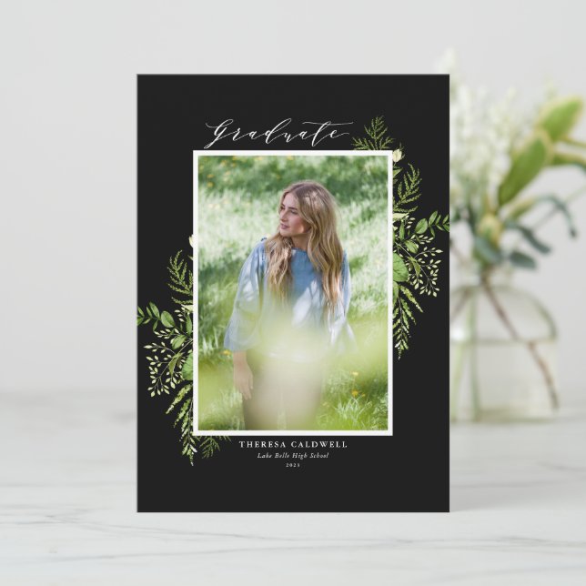Watercolor Wild Foliage Black Foto Abschluss Einladung (Stehend Vorderseite)