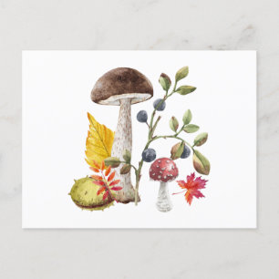 Watercolor Wild Mushrooms, Autumn Leaves, Berries Postkarte