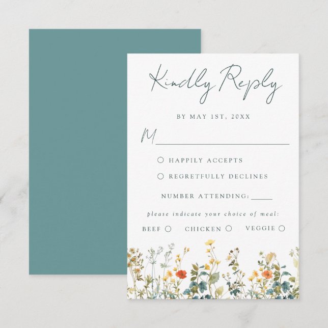Watercolor-Wildblume-Hochzeitkarte für RSVP (Vorne/Hinten)