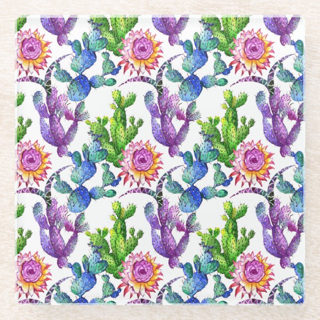 Watercolor-Wildblume-Kaktus-Muster Glasuntersetzer (Vorderseite)