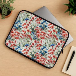 Watercolor-Wildblumen-Mohn-Gänseblümchen-Laptop-Hü Laptopschutzhülle