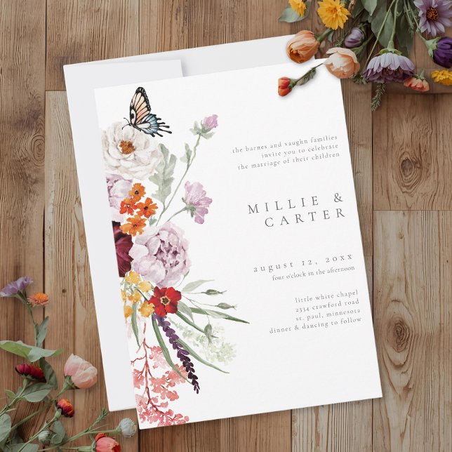 Watercolor Wildflower Butterfly Modern Wedding Einladung (Von Creator hochgeladen)