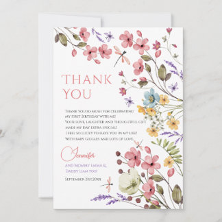 Watercolor Wildflower Girl 1st Birthday Dankeskarte