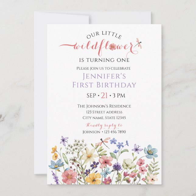 Watercolor Wildflower Girl 1st Birthday Invitation Einladung (Vorderseite)