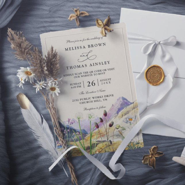 Watercolor Wildflower Mountain QR Code Wedding Einladung (Von Creator hochgeladen)