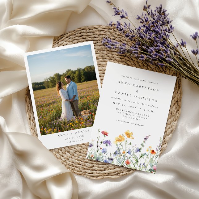 Watercolor Wildflower Photo Wedding Invitation Einladung (Von Creator hochgeladen)