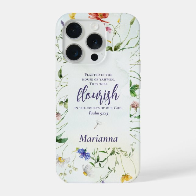 Watercolor Wildflower Scripture Personalized iPhone 15 Pro Hülle (Rückseite)