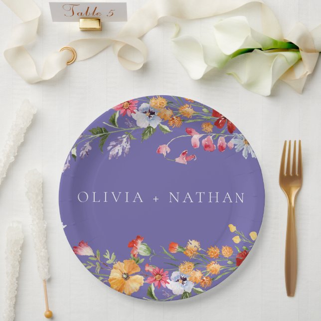 Watercolor Wildflowers Purple Wedding Pappteller (Hochzeit)