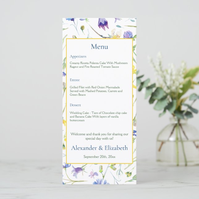Watercolor Wildflowers Wedding Menükarte (Stehend Vorderseite)